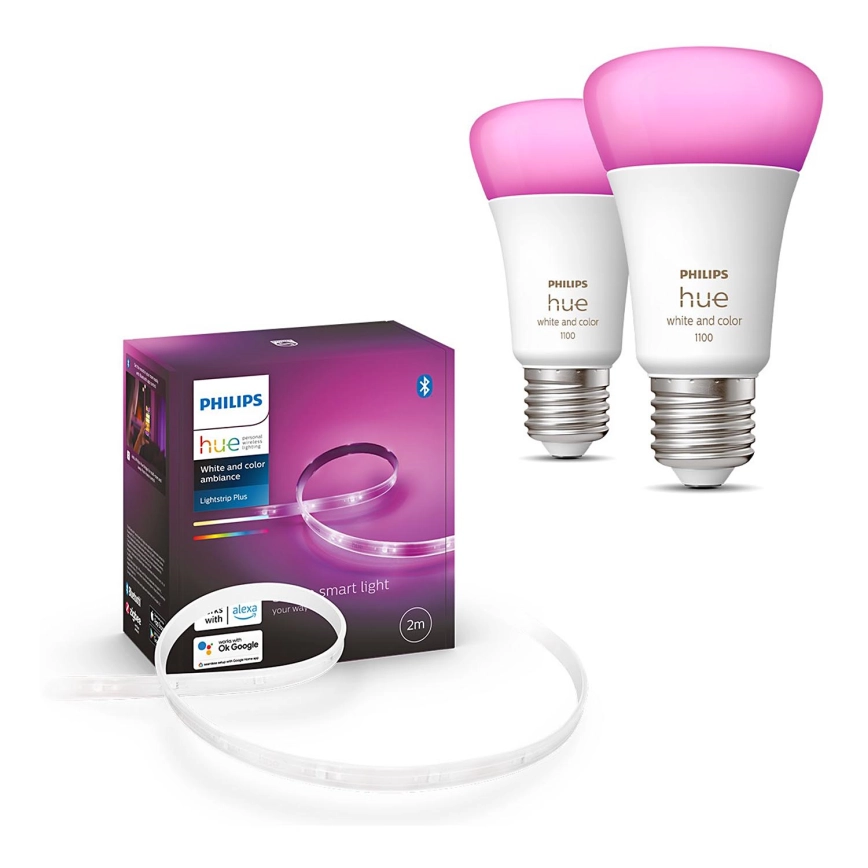 KIT – LED RGBW dimbar remsa Philips Hue WHITE AND COLOR AMBIANCE 2m LED/20W/230V + 2x LED Ljusreglerad glödlampa Philips A60 E27/9W/230V 2000-6500K