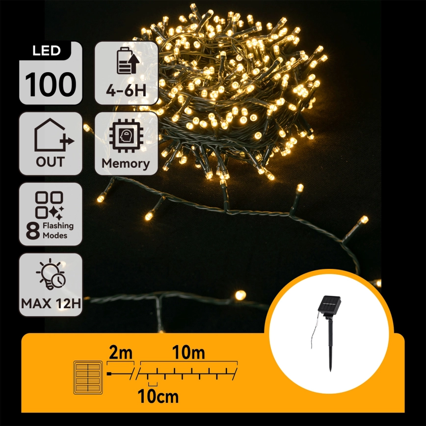 Aigostar – LED solcellslinga 100x LED/8 funktioner 12 m IP65 varmvit 800 mAh
