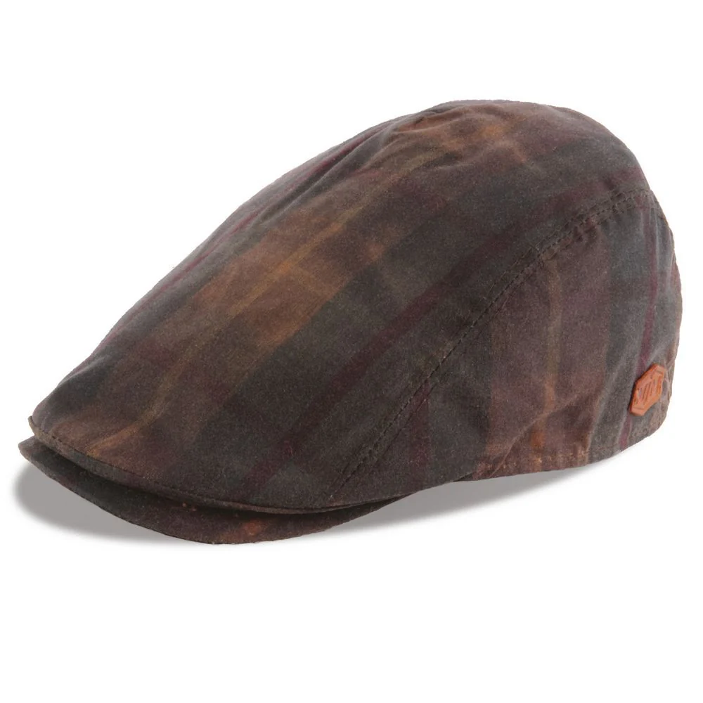 MJM Bang Wax Cotton Brown Check Flat Cap – Waterproof Sixpence