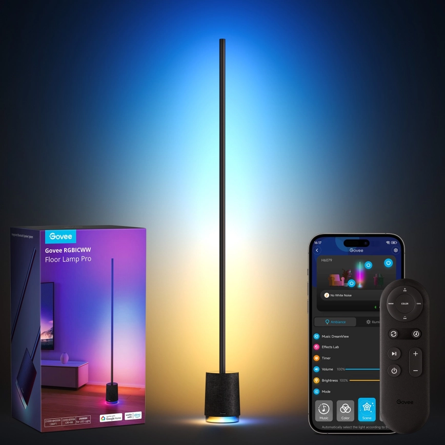 Govee – LED Dimbar golvlampa med en högtalare Pro RGBICWW 2200-6500K Wi-Fi + fjärrkontroll