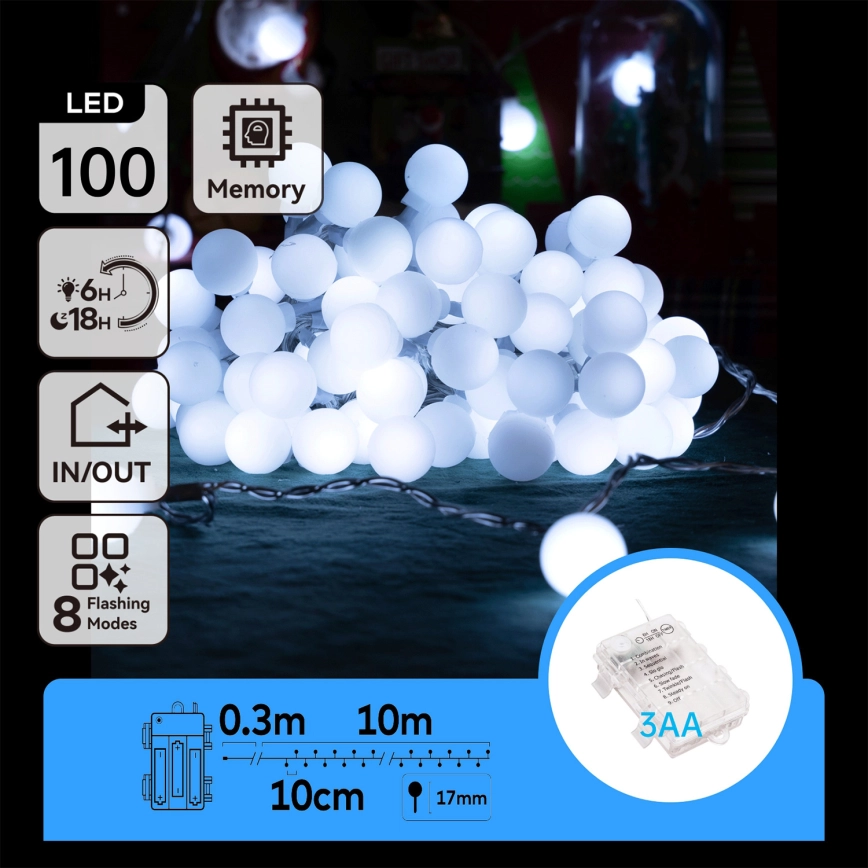 Aigostar – LED-slinga för utomhusbruk 100x LED/3xAA/8 funktioner 10,3 m IP44 kallvit