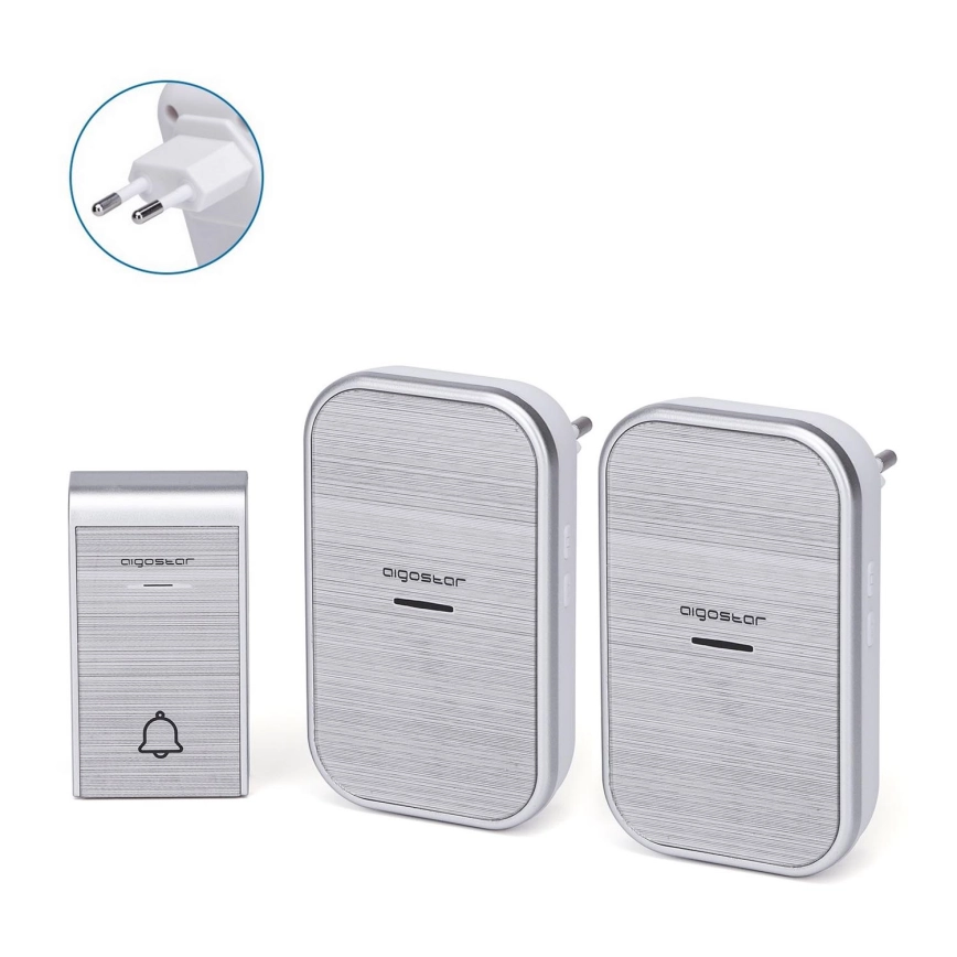 Aigostar – KIT 2x Plugin trådlös dörrklocka 230V/12V IP44 silver
