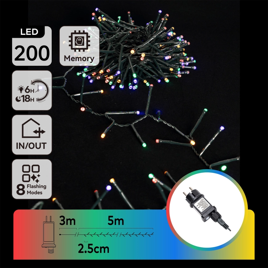 Aigostar – LED-ljusslinga för utomhusbruk, 200×LED, 8 funktioner, 8 m, IP44, flerfärgad