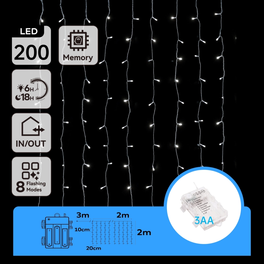 Aigostar – LED utomhusslinga 200 LED/8 funktioner 3xAA 5x2m IP44 kallvit