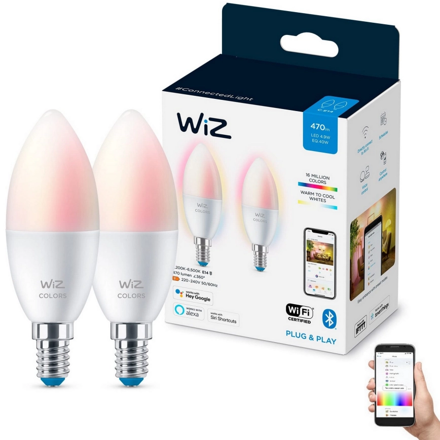 KIT 2x LED RGBW dimbar lampa C37 E14/4,9W/230V 2200-6500K Wi-Fi – WiZ