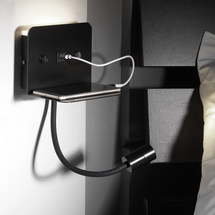 ONLI – LED Flexibel små lampor med en hylla och USB laddar PLAK LED/1W/230V svart