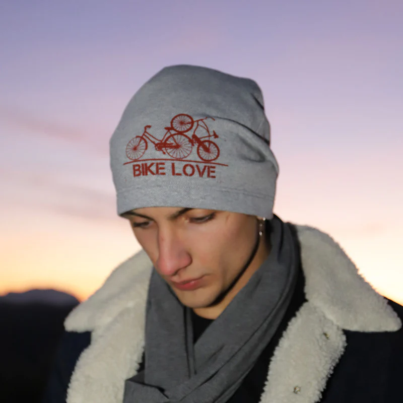 Fashion Beanie – Bike Love in Light Grey Pique
