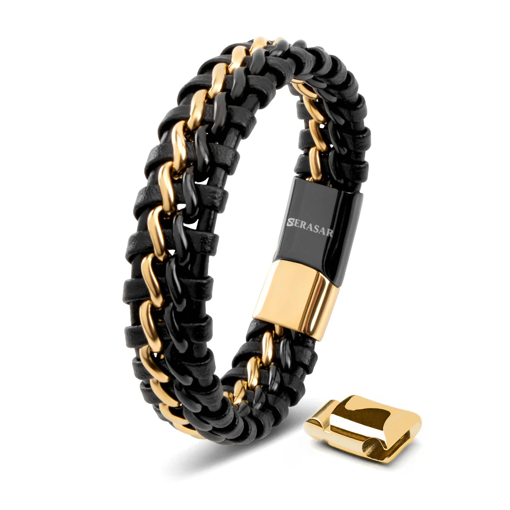 Läderarmband ”Stål” – Svart & Guld