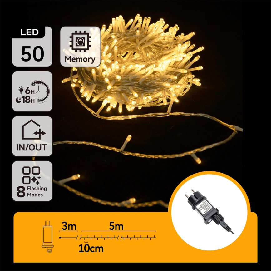 Aigostar – LED utomhusljusslinga, 50 LED, 8 funktioner, 8 m, IP44, varmvit