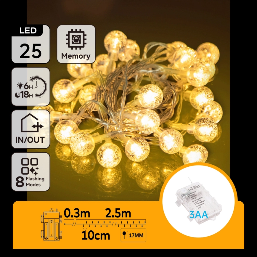 Aigostar – LED utomhusslinga 25xLED/3xAA/8 funktioner 2,8 m IP44 varmvit