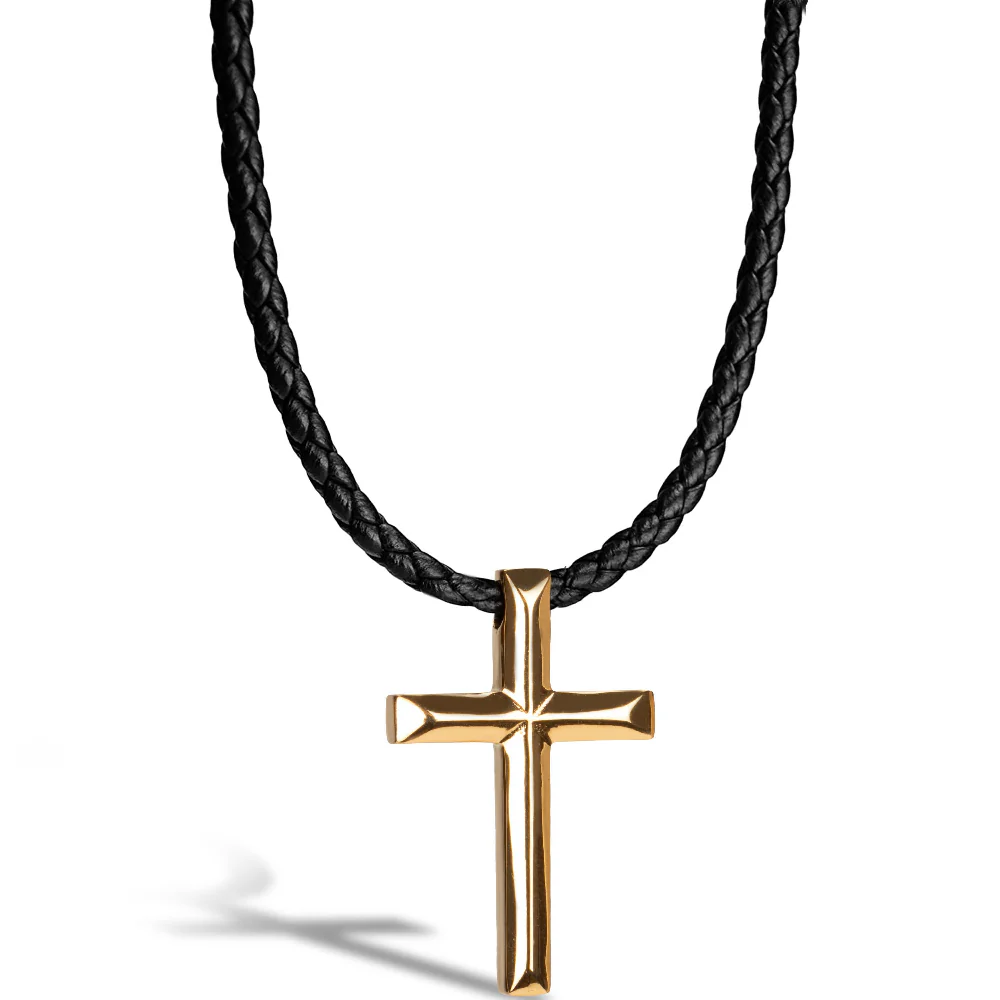 Läderhalsband ”Cross” – Guldkrucifix