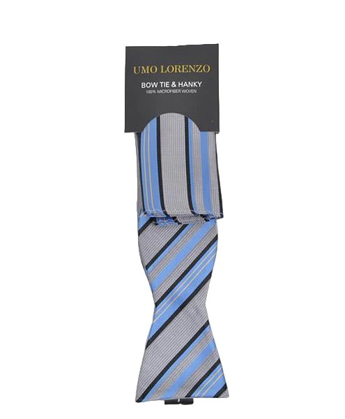 Self-tie Butterfly and Pocket Square – Stripes of Silver